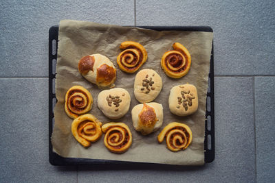 High angle view of cookies on table