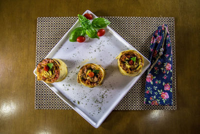 High angle view of breakfast served on table