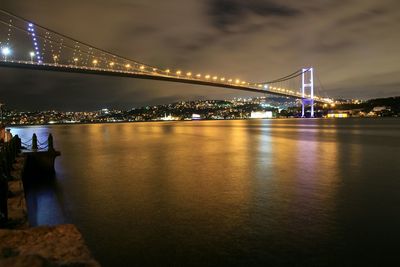 Suspension bridge over river at night