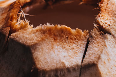 Close-up detail of a fresh opened tropical coconut