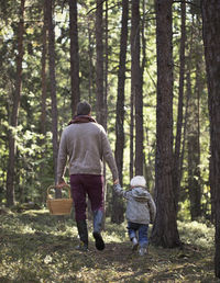 Rear view of men walking in forest