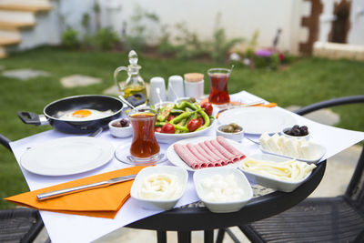 High angle view of food served on table