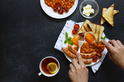 High angle view of breakfast served on table