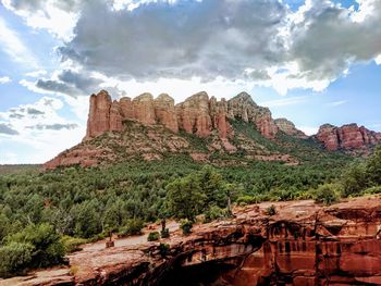 Rock formations on mountain against cloudy sky