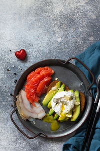 High angle view of chopped fruits in bowl