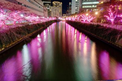 Reflection of illuminated buildings in water