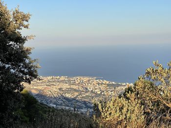 High angle view of sea against clear sky