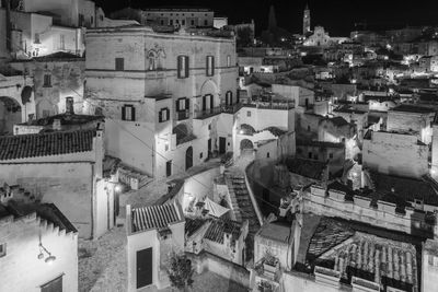 Sassi di matera at night. european capital of culture. black and white