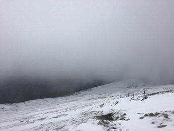 Snow covered land against sky