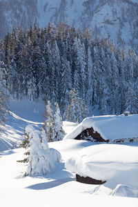 Winter nature landscape with snow covered alpine hut in austrian alps