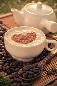 High angle view of coffee cup on table