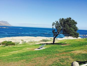 Scenic view of sea against clear blue sky