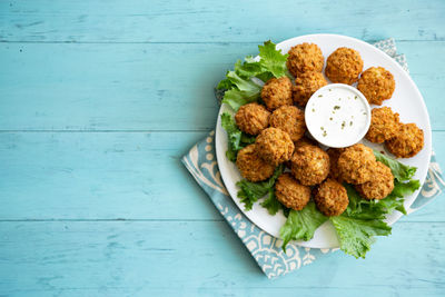 High angle view of food in plate on table