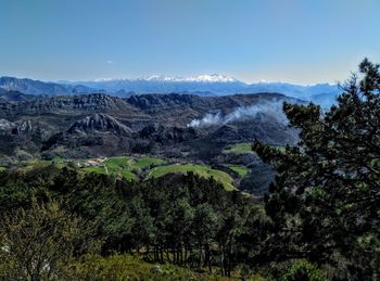 Scenic view of landscape and mountains against sky