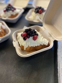 High angle view of cake in plate on table