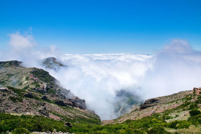 Smoke emitting from volcanic mountain against blue sky