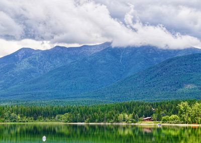 Scenic view of lake by mountains against sky