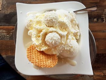 High angle view of breakfast served on table