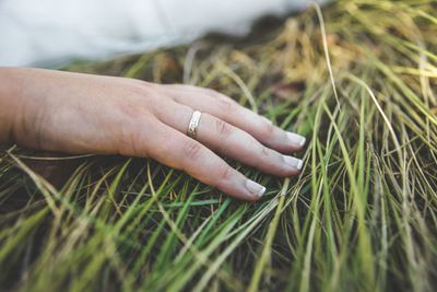 Close-up of ring on woman hand over grass