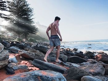 Man standing on rock looking at sea shore against sky