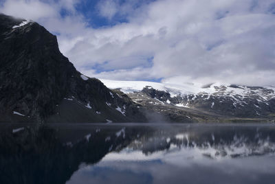 Scenic view of lake and snowcapped mountains against sky