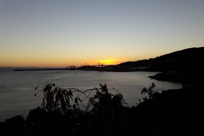 Scenic view of sea against clear sky during sunset