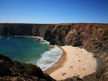 Scenic view of sea against clear blue sky