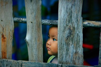 Close-up of boy looking away through wooden fence
