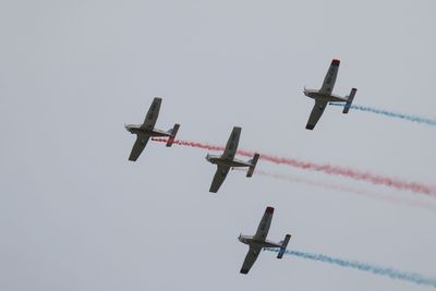 Low angle view of airplane flying against clear sky