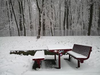 Empty bench on snow covered field during winter