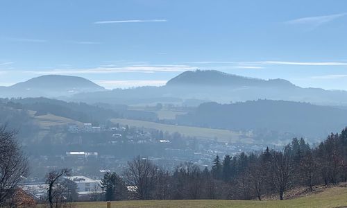 Scenic view of landscape and mountains against sky