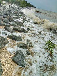 Scenic view of rocks in sea against sky