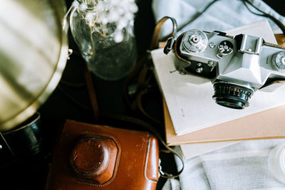 High angle view of camera on table