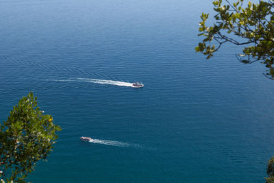 High angle view of boats in sea