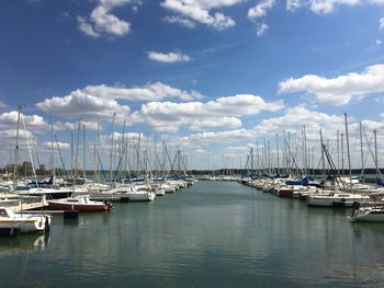 Boats moored at harbor