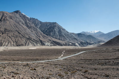 Scenic view of landscape and mountains against clear blue sky