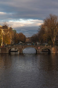 Bridge over river against sky in city