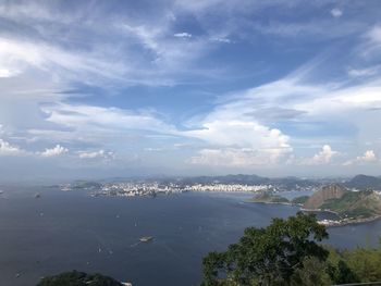 High angle view of townscape by sea against sky