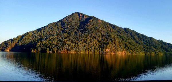 Scenic view of lake by mountains against clear sky