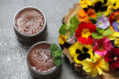 High angle view of flowering plants on table