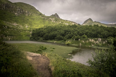 Scenic view of lake and mountains against sky