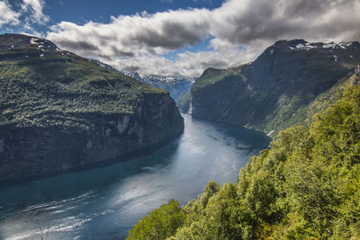 Scenic view of waterfall against sky