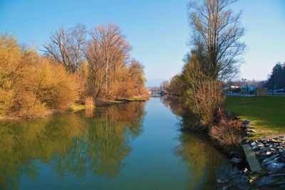 Trees by lake against sky during autumn