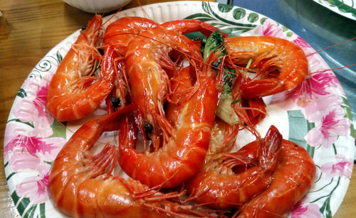 High angle view of seafood in plate on table