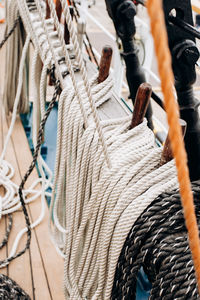 High angle view of ropes hanging in ship