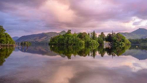 View acroos derwentwater to derwent island in the lake district, uk with catcalls in the background.