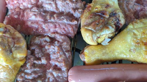 High angle view of meat in container