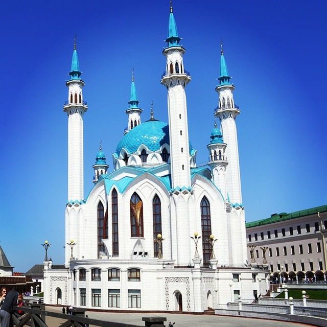 place of worship, religion, church, architecture, building exterior, spirituality, built structure, dome, blue, clear sky, cross, cathedral, mosque, low angle view, islam, famous place, arch