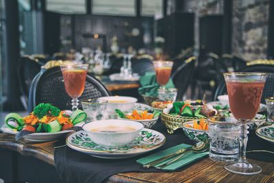 Glass of tea served on table in restaurant