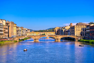 Arch bridge over river against blue sky